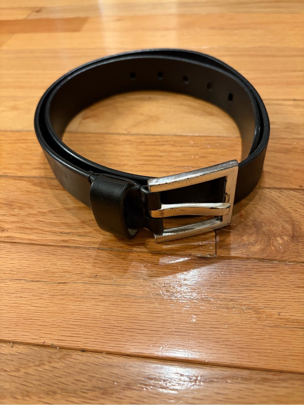 Kenneth Cole Black Leather Belt with Rectangular Silver Buckle